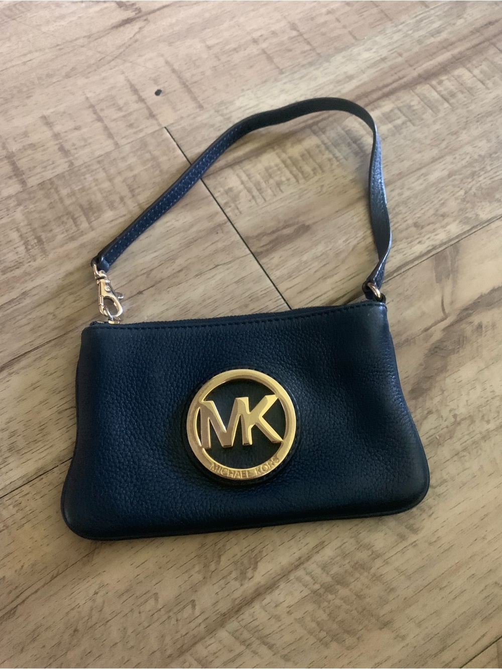 Michael Kors navy blue Leather Wristlet with Gold MK Logo